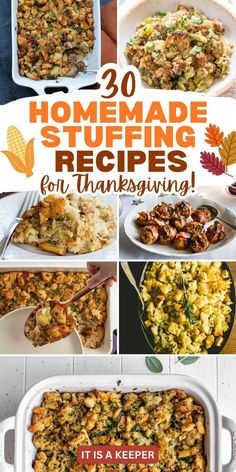 thanksgiving stuffing recipe collage with the words, 20 homemade stuffing recipes for thanksgiving it's a keeper