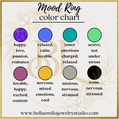 mood ring color chart Moon Ring Colors Meaning, Diy Mood Ring, Color Meaning Personality, Mood Ring Color Chart, Mood Ring Color Meanings, Mood Ring Colors, Preppy Basics, Inspirational Graphic Tees, Mood Rings