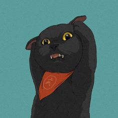 a painting of a black cat with an orange bandanna around it's neck