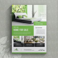 a green and white flyer for a furniture store with an image of a bed in the background