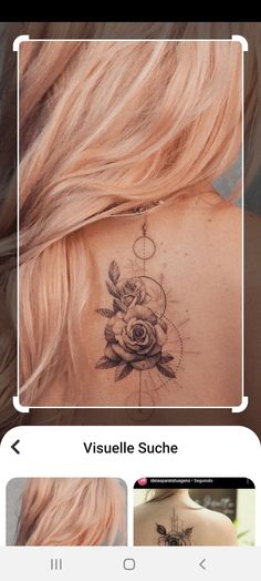 the back of a woman's neck with a rose tattoo on it