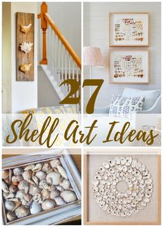 some pictures with shells in them and the words shell art ideas