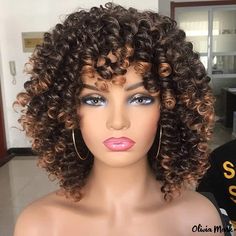 Olivia Mark - Brown Blonde Curly Wigs with Bangs - Shoulder Length Natural Hairpieces Short Curly Afro, Blonde Curly Wig, Tan Skin Blonde Hair, Curly Afro Wig, Afro Wig, Curly Bob Wigs, Pelo Afro, Afro Wigs, Short Curly Wigs