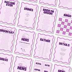 the bridal party game is shown in pink and purple colors, with matching items for each