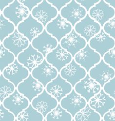 a blue and white wallpaper with snowflakes on the top, in an ornate pattern