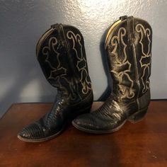 Lizard Skin Size Ten Cowboy Boots. Black With Design. Gently Worn. My Husband Doesn’t Wear Them Anymore! Fitted Vintage Black Boots, Vintage Black Winter Boots, Vintage Black Boots For Rodeo, Cowboy Boots Black, Black Lizard, Lizard Skin, Boots Black, My Husband, Cowboy Boots