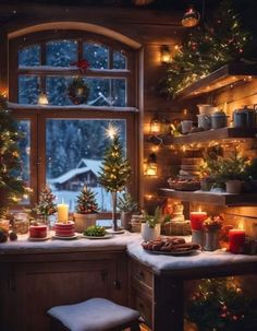 a kitchen filled with lots of christmas decorations and lit candles in front of a window