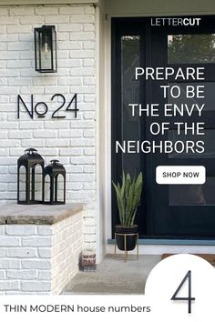 Thin Modern address numbers No 24 on white painted brick beside a black front door. Address Sign Ideas, Modern Black House, Modern House Numbers, Sign Letters, Modern House Number, Exterior Renovation, Exterior Home, Exterior Paint Colors For House