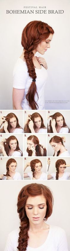 easy diy side braid boho bridal hairstyle idea Side Swept Braid, Diy Wedding Hair, Side Braid Hairstyles, Festival Hair, Side Braid, Different Hairstyles, Hair Dos, Gorgeous Hair