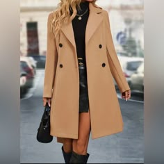 Brand New Women's Elegant Double-Breasted Trench Coat - Chic Long Sleeve Lapel Outerwear, Durable & Easy-Care With Timeless Style. Size Large New Without Tags Questions? Leave A Comment Below! Caramel Coat Outfit, Fall Old Money Outfits, Tan Coat Outfit, Fall Old Money, Copenhagen Outfits, Eurotrip Outfits, Autumn Wedding Guest, Classy Dressing, Caramel Coat