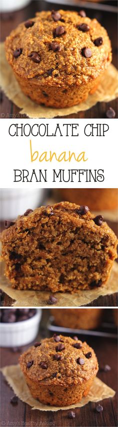 chocolate chip banana bran muffins are stacked on top of each other and ready to be eaten