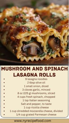 mushroom and spinach lasagna rolls recipe on a plate with text overlay