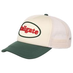 a white and green hat with the word's logo on it, in front of a