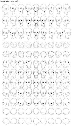 an image of the faces and head of people with different facial expressions, all drawn in one