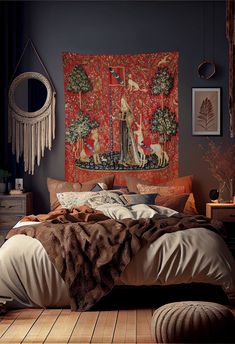 a large tapestry hanging above a bed in a bedroom