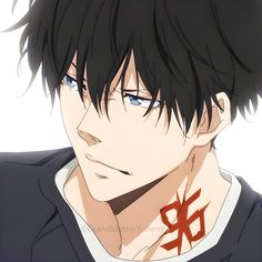 an anime character with black hair and blue eyes