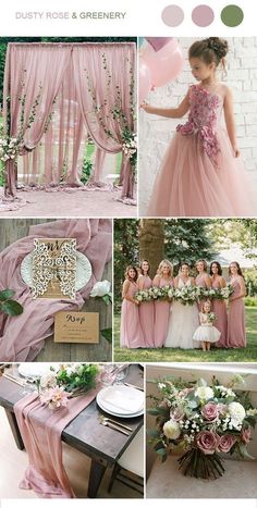 pink and green wedding color palettes for the bride's dress, flowers and balloons