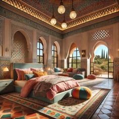 a bedroom with an elaborately decorated bed and colorful rugs on the floor in front of large windows