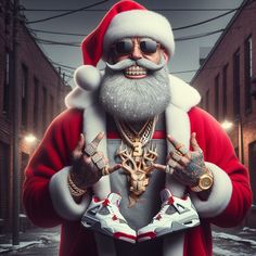 a man dressed as santa clause holding up his hands and wearing sunglasses, standing in the middle of an alleyway