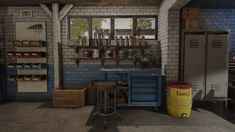 an industrial garage with tools and supplies on the shelves, two stools in front of it