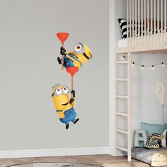 two cartoon characters are flying through the air in this children's room wall decal