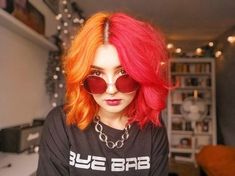 Half And Half Hair Color Bright, Red Split Dye Hair Short, Red Split Hair Dye, Cool Split Dye Hair, Orange And Yellow Split Dye, Colored Split Dye, Colorful Split Dye, Red And Orange Hair Split