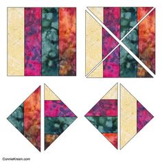 four pieces of paper that have been cut into squares and are shown in different colors