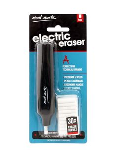 the electric eraser is black and white in its package with an ad for it