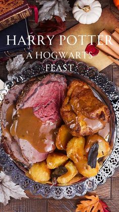 the cover of harry potter's hogwarts feast, featuring roast and vegetables