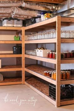 the shelves are full of jars and containers