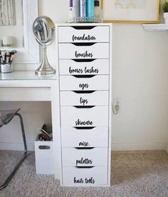 the drawers are labeled with different types of hair care products on them, and each drawer has its own name