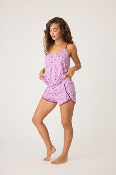 Women's lilac floral print sleep et with camisole top & pj short with suplus hem binding. Pj Shorts, Short Pj Set, Sleep Set, Lace Inset, Sleepwear & Loungewear, Blue Paisley, Short Set, Pajama Shorts, Pj Sets