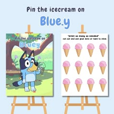 the ice cream on bluey poster is next to an easel with pink ice cream cones