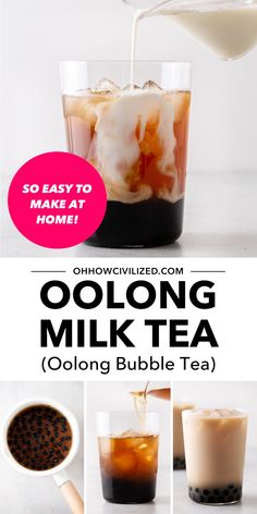 collage of different drinks being poured into cups with text overlay that reads, oolong milk tea