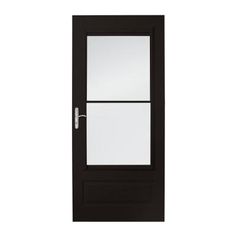 a black and white door with two glass panels on the top half, and one side panel