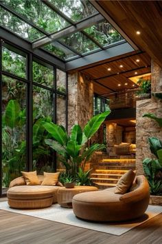 a living room filled with lots of plants and furniture