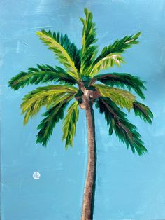 a painting of a palm tree on a blue sky background with the moon in the distance