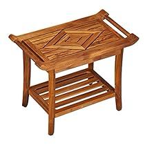 a wooden table with an open shelf on the bottom and two shelves below it that are made out of teak wood