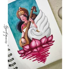 a drawing of a woman holding a harp on top of a white swan with pink flowers