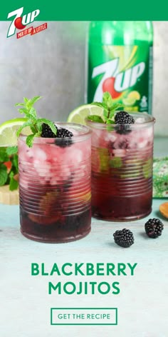 two glasses filled with blackberries and limeade next to a can of zup