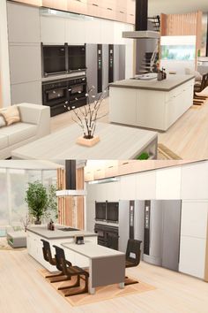 three different views of a modern kitchen and living room