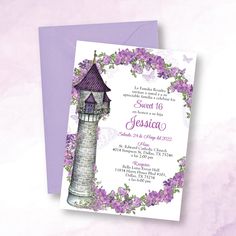 a purple and white wedding card with a lighthouse surrounded by flowers on the inside of it