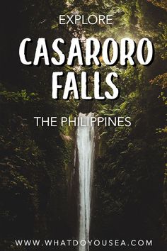 a waterfall surrounded by trees with the words explore casaroo falls on it's side