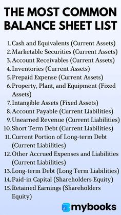 the most common balance sheet list is shown in this graphic above it's description