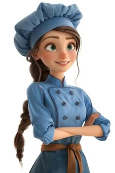 a cartoon character with long hair wearing a chef's hat and blue dress is posing for the camera