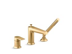 a gold faucet and shower head with the handles extended, on a white background