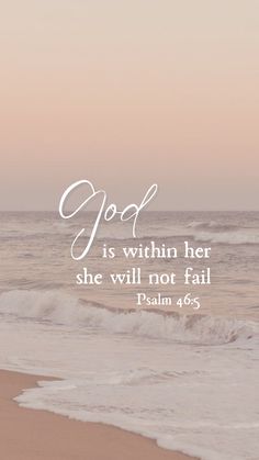 a beach with the words god is within her she will not fail