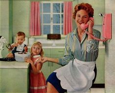 a woman is talking on the phone with two children