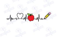 an apple heartbeat line with a pencil in the shape of a heart and two hearts