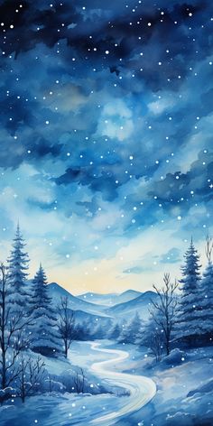 a painting of a snowy landscape with trees and snow flakes on the ground at night